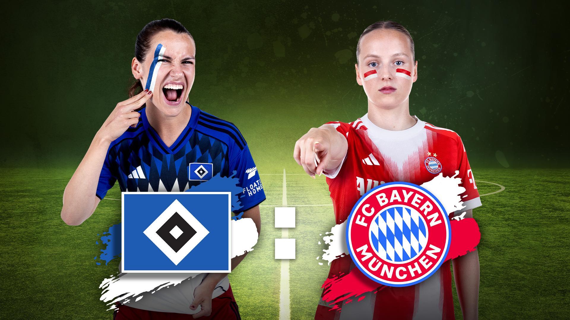 Werbegrafik mit den Spielerinnen vom Hamburger SV und FC Bayern München sowie Vereinslogos